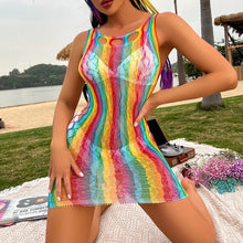 Load image into Gallery viewer, Beach Dress Fish net Rainbow Hollow Out Mesh Dress  Femme Swimwear Sexy CT003
