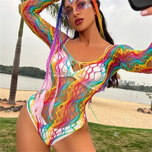 Load image into Gallery viewer, Beach Wear Cover Ups Shoulder Rainbow Hollow Out Mesh Crochet Dress WomanSwimsuit Cover Up Maillot De Bain Robe Ete Femme Qq653
