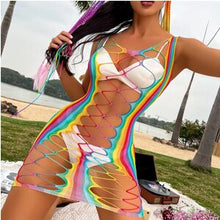 Load image into Gallery viewer, Beach Wear Cover Ups Shoulder Rainbow Hollow Out Mesh Crochet Dress WomanSwimsuit Cover Up Maillot De Bain Robe Ete Femme Qq653
