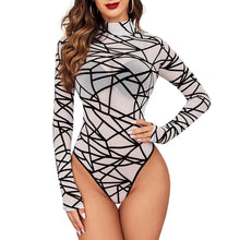 Load image into Gallery viewer, 2022 New Sexy Clothing Women Sheer Bodysuit Geometry Print High Neck Long Sleeve Snaps Rompers Tops for Ladies S/M/L/XL
