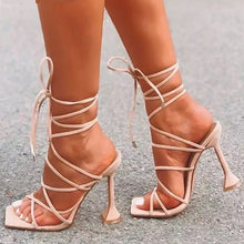 Load image into Gallery viewer, 2022 Plus Size  Summer Sexy Lace Up Women Sandals Square Toe Spike Heel Cross Tied Party Shoes High Heels Pumps Zapatillas Mujer
