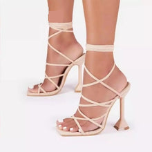 Load image into Gallery viewer, 2022 Plus Size  Summer Sexy Lace Up Women Sandals Square Toe Spike Heel Cross Tied Party Shoes High Heels Pumps Zapatillas Mujer
