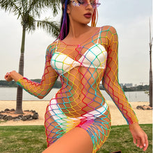 Load image into Gallery viewer, Beach Dress Fish net Rainbow Hollow Out Mesh Dress  Femme Swimwear Sexy CT003
