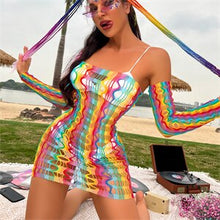 Load image into Gallery viewer, Beach Wear Cover Ups Shoulder Rainbow Hollow Out Mesh Crochet Dress WomanSwimsuit Cover Up Maillot De Bain Robe Ete Femme Qq653
