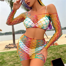 Load image into Gallery viewer, Beach Wear Cover Ups Shoulder Rainbow Hollow Out Mesh Crochet Dress WomanSwimsuit Cover Up Maillot De Bain Robe Ete Femme Qq653
