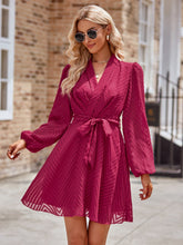 Load image into Gallery viewer, Belted Surplice Neck Long Sleeve Mini Dress
