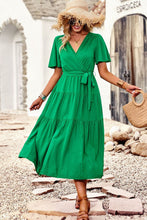 Load image into Gallery viewer, Belted Flutter Sleeve Tiered Surplice Dress
