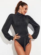 Load image into Gallery viewer, Backless Tie-Waist Turtleneck Lantern Sleeve Bodysuit
