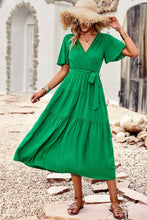 Load image into Gallery viewer, Belted Flutter Sleeve Tiered Surplice Dress
