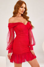 Load image into Gallery viewer, Beaded Off-Shoulder Mesh Sleeve Ruffle Hem Mini Dress
