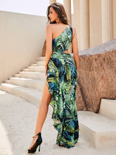 Load image into Gallery viewer, Botanical Print One-Shoulder Ruffled Cutout Dress
