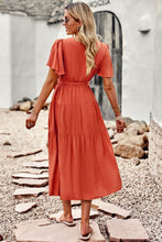 Load image into Gallery viewer, Belted Flutter Sleeve Tiered Surplice Dress
