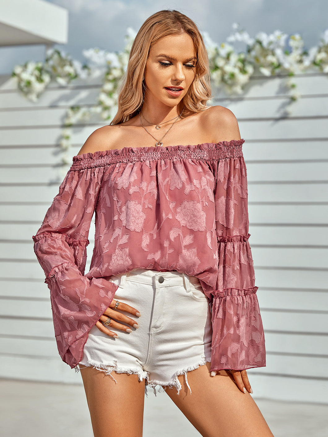 Applique Flounce Sleeve Off-Shoulder Blouse