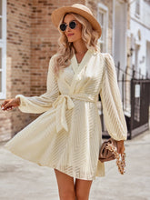 Load image into Gallery viewer, Belted Surplice Neck Long Sleeve Mini Dress
