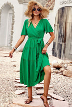 Load image into Gallery viewer, Belted Flutter Sleeve Tiered Surplice Dress
