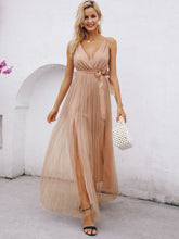 Load image into Gallery viewer, Belted Crisscross Back Plunge Tulle Dress
