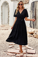 Load image into Gallery viewer, Belted Flutter Sleeve Tiered Surplice Dress
