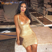 Load image into Gallery viewer, 2021 New Summer Gold Bandage Dress Bodycon Vestidos Spaghetti Celebrity Runway Dress Sexy Club Costume Party Dress
