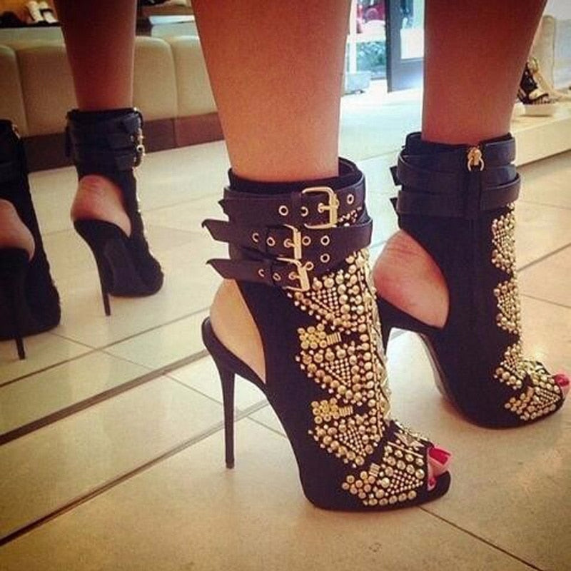 2022 JFB NEW Rivets Gold Stud Summer Boots High Heels Gladiator Stiletto Sandals Women Shoes Open Peep Toe Buckles Ankle Boots Pumps Siz