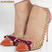 Load image into Gallery viewer, ALMUDENA Clear PVC Gold Studded Pumps 12CM Stiletto Heels Bowtie Wedding Shoes Orange Patent Leather Pointed Toe Banquet Shoes
