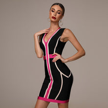 Load image into Gallery viewer, 2021 Summer New Women&#39;s Fashion Sexy Striped Stitching Bandage Dress Deep V-neck Vestidos Party Club Mini Christmas Dress
