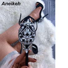 Load image into Gallery viewer, Aneikeh Rhinestone Stiletto Lady Sexy Crystal Thin Heels Sandal Woman Ankle Strap Wedding Dress Shoes Pumps Size 35-42 Black
