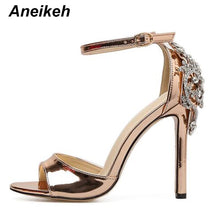 Load image into Gallery viewer, Aneikeh Rhinestone Stiletto Lady Sexy Crystal Thin Heels Sandal Woman Ankle Strap Wedding Dress Shoes Pumps Size 35-42 Black
