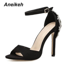 Load image into Gallery viewer, Aneikeh Rhinestone Stiletto Lady Sexy Crystal Thin Heels Sandal Woman Ankle Strap Wedding Dress Shoes Pumps Size 35-42 Black
