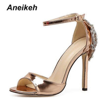 Load image into Gallery viewer, Aneikeh Rhinestone Stiletto Lady Sexy Crystal Thin Heels Sandal Woman Ankle Strap Wedding Dress Shoes Pumps Size 35-42 Black
