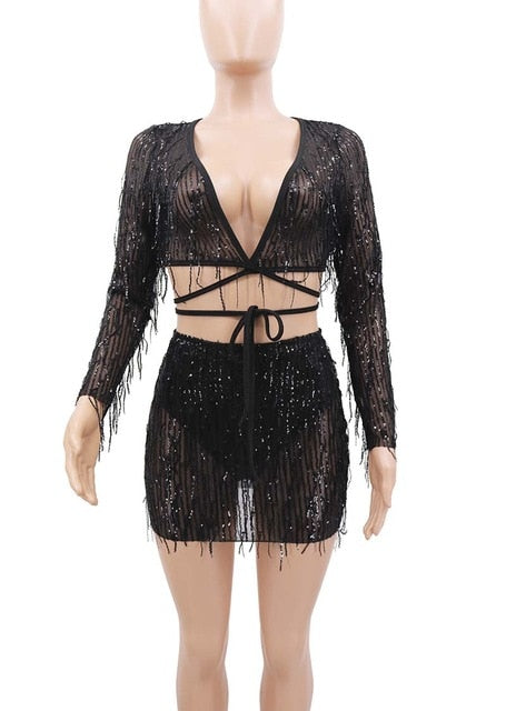 Beyprern Chic Sequins Bandage Crop Top And High Waist Skirt Set Womens Tassle Sequins Tracksuit Night Out Celebraties Outfits