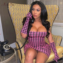 Load image into Gallery viewer, ArtSu Houndstooth Print Mini Dress Hot Pink Strapless Off Shoulder Bodycon Dress With Gloves for Birthday Party Club ASDR60668
