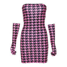 Load image into Gallery viewer, ArtSu Houndstooth Print Mini Dress Hot Pink Strapless Off Shoulder Bodycon Dress With Gloves for Birthday Party Club ASDR60668
