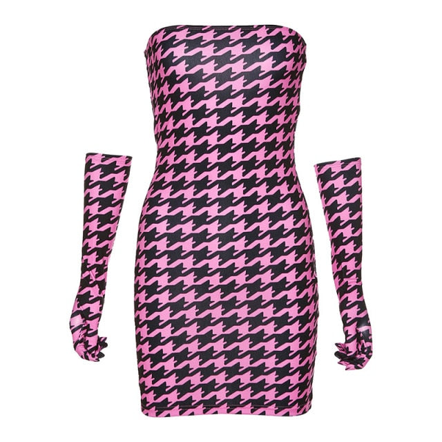 ArtSu Houndstooth Print Mini Dress Hot Pink Strapless Off Shoulder Bodycon Dress With Gloves for Birthday Party Club ASDR60668