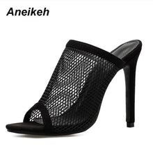 Load image into Gallery viewer, Aneikeh Summer Open Toe Sandals Women Mule Slides Mesh Hole Cut Out Hollow Stilettos High Heels Casual Clubwear Shoes black
