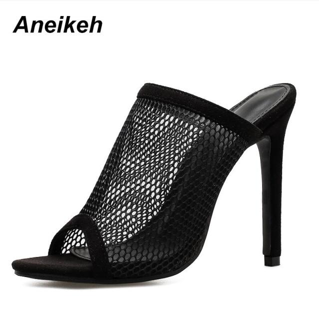 Aneikeh Summer Open Toe Sandals Women Mule Slides Mesh Hole Cut Out Hollow Stilettos High Heels Casual Clubwear Shoes black