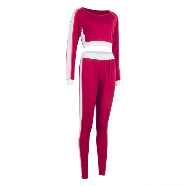 2Pcs Set Sexy Women Sports Set Sleeve Crop Top Pants Outfit Workout Gym Fitness Athletic Workout Clothes Tracksuit