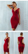 Load image into Gallery viewer, ADYCE New Women Summer Red Bodycon Bandage Dress Sexy V-Neck Short Sleeve Club Celebrity Runway Evening Party Dresses Vestidos
