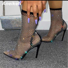 Load image into Gallery viewer, Aneikeh Summer Bling Bling Rhinestone Mesh Pointed toe Sandals Ankle Boots Stiletto High Heels Female Crystal Mesh Shoes Sandals
