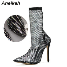 Load image into Gallery viewer, Aneikeh Summer Bling Bling Rhinestone Mesh Pointed toe Sandals Ankle Boots Stiletto High Heels Female Crystal Mesh Shoes Sandals
