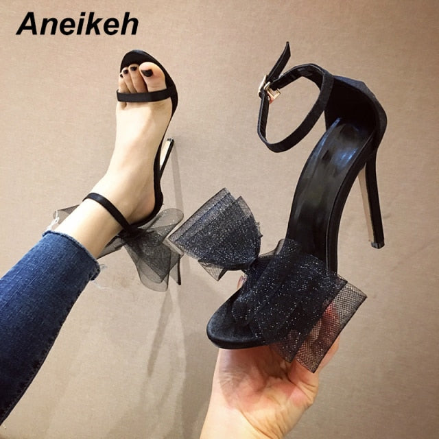 Aneikeh Summer Fashion White Silk Butterfly-knot Peep-toe High Heels Sandals Women Buckle Strap Back Pumps Wedding Party Shoes