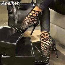 Load image into Gallery viewer, Aneikeh Gladiator Roman Sandals Summer Rivets Studded Cut Out Caged Ankle Boots Stiletto High Heel Women Sexy Shoes Party Bootie
