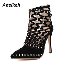 Load image into Gallery viewer, Aneikeh Gladiator Roman Sandals Summer Rivets Studded Cut Out Caged Ankle Boots Stiletto High Heel Women Sexy Shoes Party Bootie
