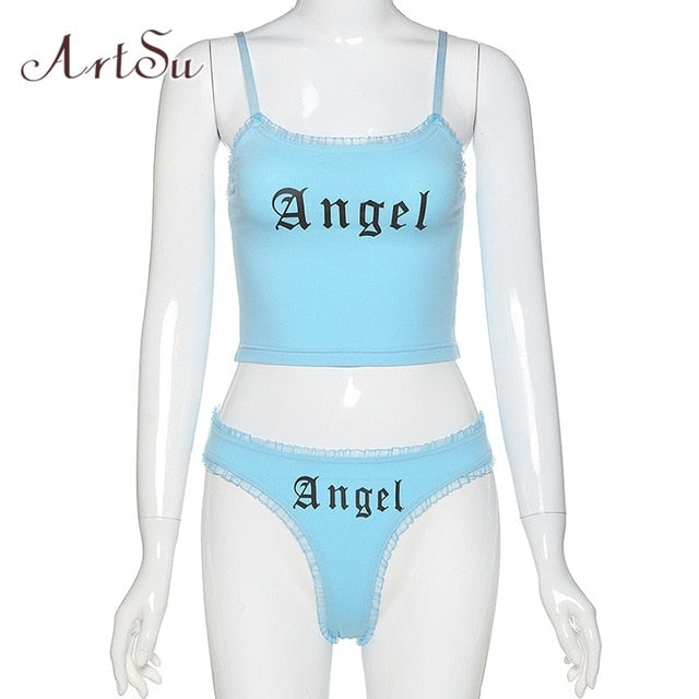 ArtSu Lovely Lace Angel 2 Pieces Sets Sexy Crop Top and Shorts Sets Underpants Two Piece Set Female Beach Outfit ASSU20328