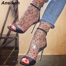 Load image into Gallery viewer, Aneikeh NEW Summer Glitter Gladiator Air mesh Sexy Sandals Shoes Woman High Heel Peep Toe Stripper Zipper Party Thin Heels Pumps
