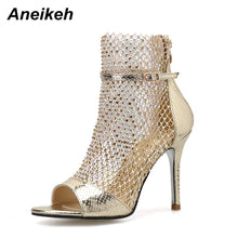 Load image into Gallery viewer, Aneikeh NEW Summer Glitter Gladiator Air mesh Sexy Sandals Shoes Woman High Heel Peep Toe Stripper Zipper Party Thin Heels Pumps
