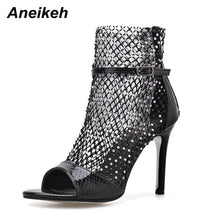 Load image into Gallery viewer, Aneikeh NEW Summer Glitter Gladiator Air mesh Sexy Sandals Shoes Woman High Heel Peep Toe Stripper Zipper Party Thin Heels Pumps
