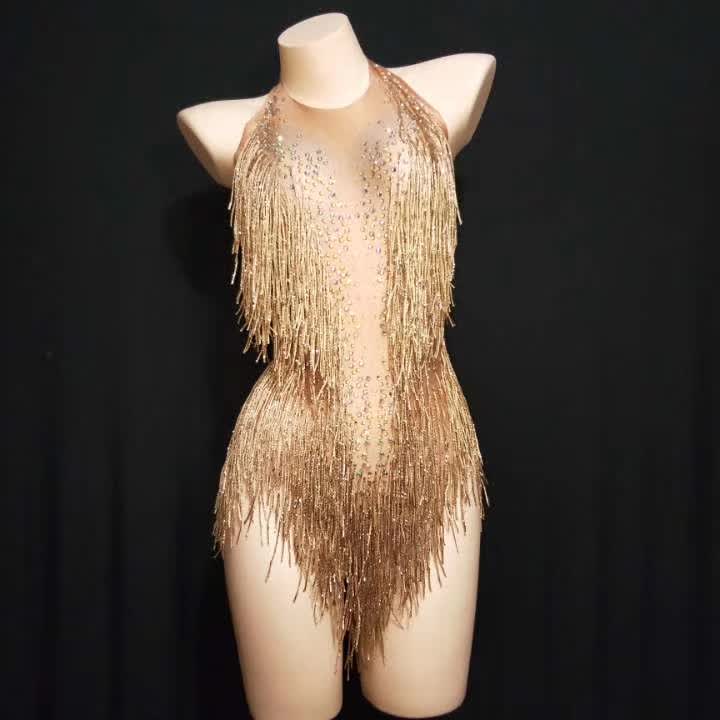 5 Colors Sparkly Gold Rhinestones Tassel Bodysuit One Piece Leotard Dance Wear Women's Celebrate Female Singer Crystals Costume