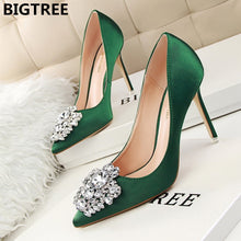 Load image into Gallery viewer, BIGTREE Silver Gray Black Women Bridal Wedding Shoes Faux Silk Satin Rhinestone Crystal Shallow Woman Pumps Stiletto High Heel
