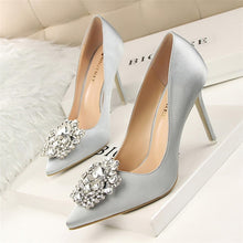 Load image into Gallery viewer, BIGTREE Silver Gray Black Women Bridal Wedding Shoes Faux Silk Satin Rhinestone Crystal Shallow Woman Pumps Stiletto High Heel
