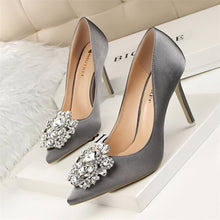 Load image into Gallery viewer, BIGTREE Silver Gray Black Women Bridal Wedding Shoes Faux Silk Satin Rhinestone Crystal Shallow Woman Pumps Stiletto High Heel
